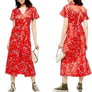 TOPSHOP Red Silky Button Down Polka Dot Midi Dress Size 8 Valentines Day Dress